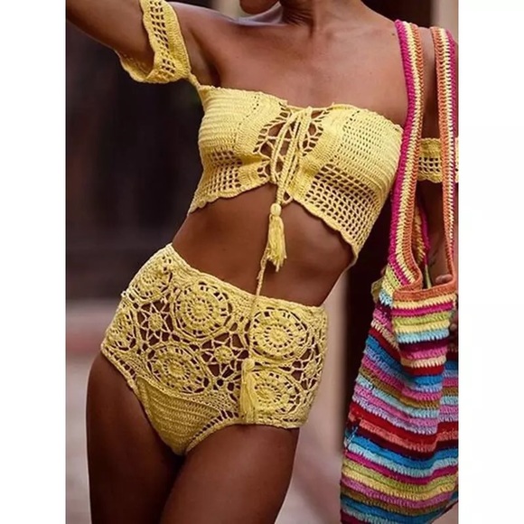 NWT 2 Set 5 colors crochet bikini croptop hi waist - Picture 1 of 16